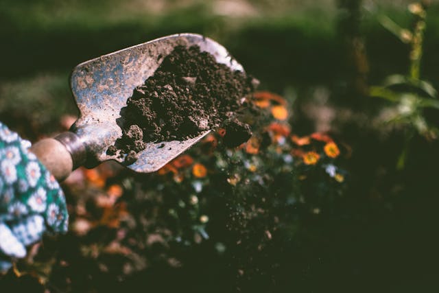 gardening hoe full of dirt