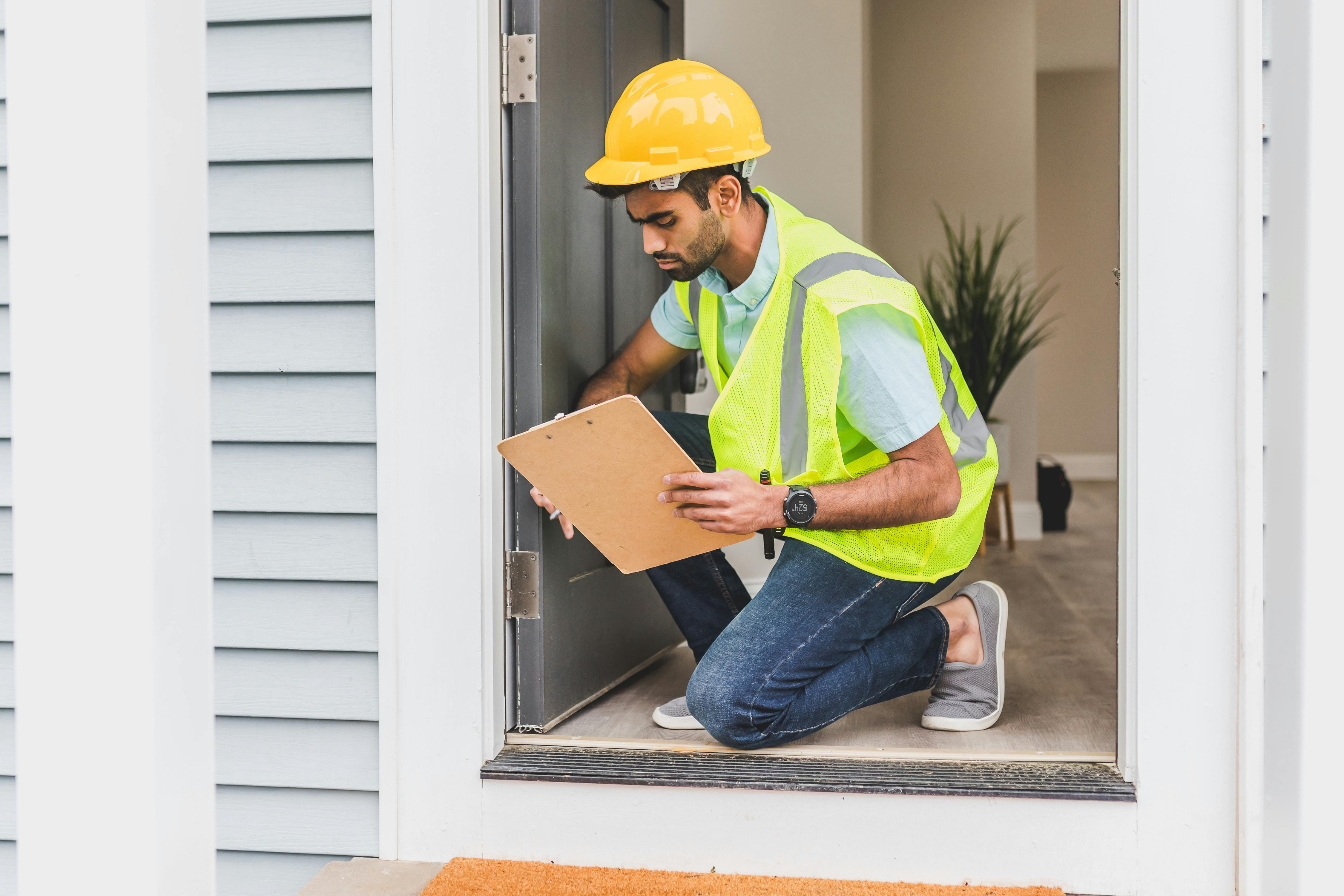man in hard hat and neon vest inspecting an open doorframe